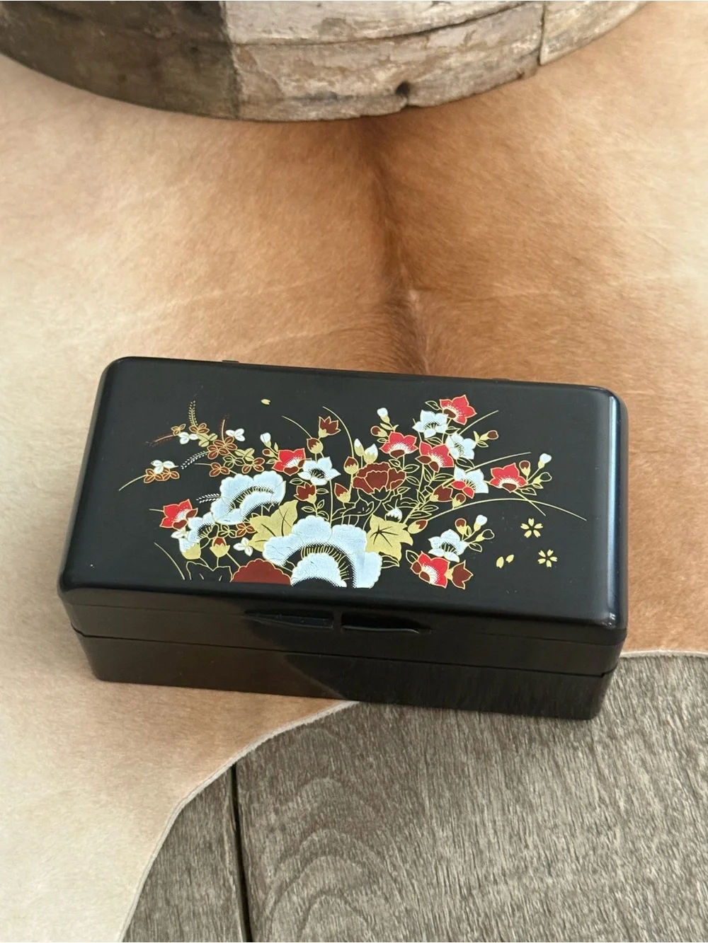 Vintage Asian Black Floral Lacquered Jewelry Box